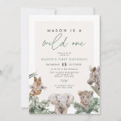 BRYNかわいいジャングルサファリワイルドワン最初の誕生日 招待状 (正面)