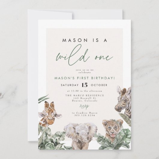 BRYNかわいいジャングルサファリワイルドワン最初の誕生日 招待状 (正面)