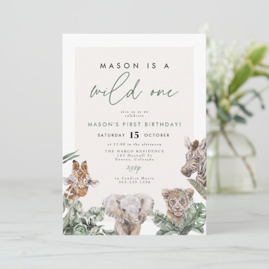 BRYNかわいいジャングルサファリワイルドワン最初の誕生日 招待状 (スタンド正面)
