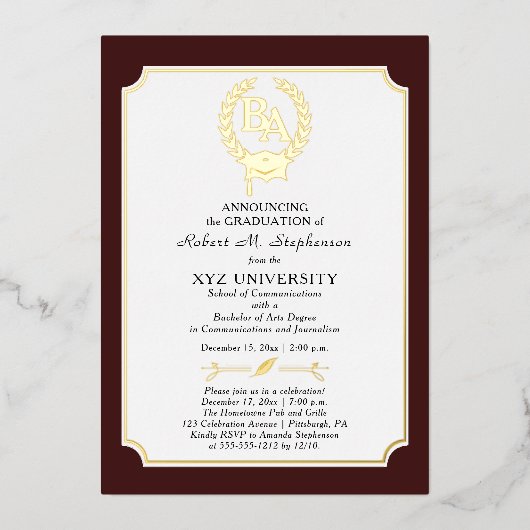 BS – 学士号カレッジ卒業 箔招待状 (正面)