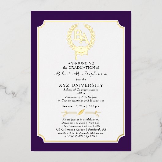 BS – 学士号カレッジ卒業 箔招待状 (正面)