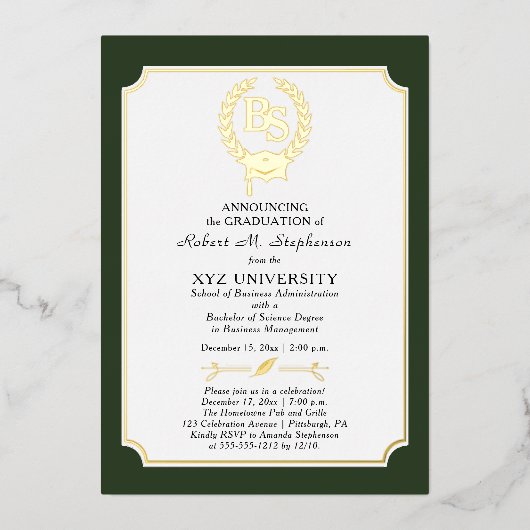 BS – 理学士課程大学卒業 箔招待状 (正面)