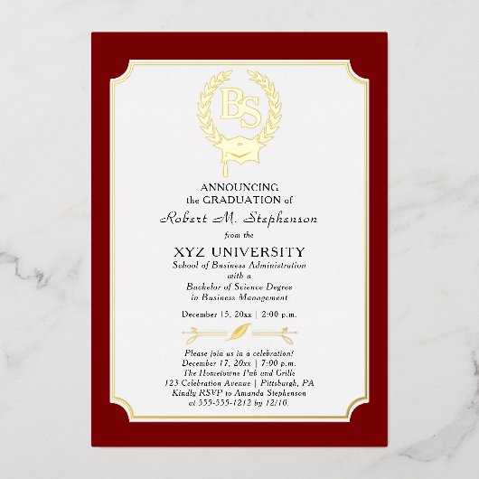 BS – 理学士課程大学卒業 箔招待状 (正面)