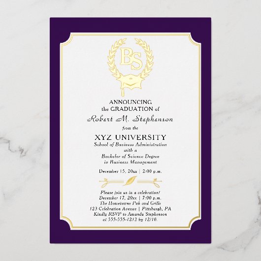 BS - Bachelor of Science Degree College Graduation 箔招待状 (正面)