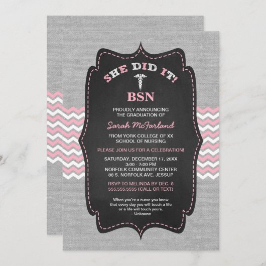 BSNナースの卒業招待状、ピンク色の灰色の黒板 招待状 (正面/裏面)