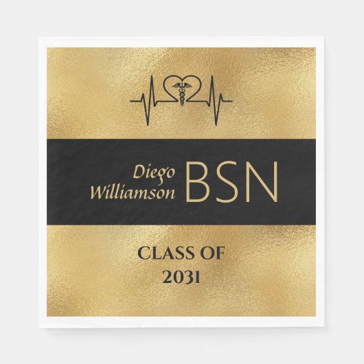 BSNナース卒業RN LPN名黒フェイク金ゴールド スタンダードランチョンナプキン (正面)