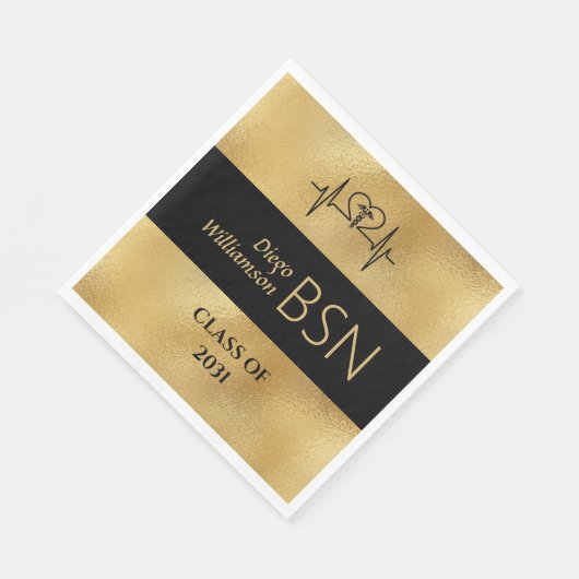 BSNナース卒業RN LPN名黒フェイク金ゴールド スタンダードランチョンナプキン (角)