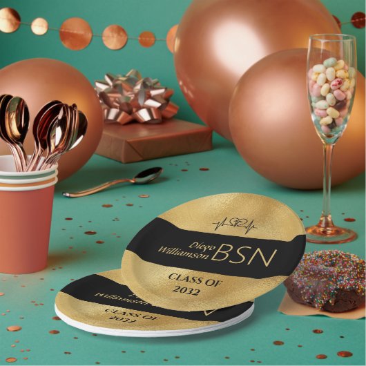 BSNナース卒業RN LPN名黒フェイク金ゴールド ペーパープレート (複数)