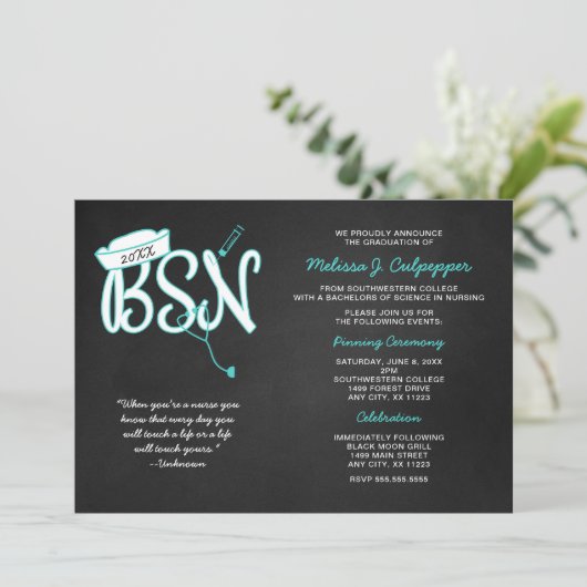 BSN写真卒業お祝い、ターコイズ 招待状 (スタンド正面)