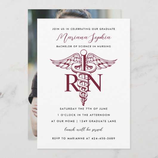 BSN RNナース卒業発表バーガンディ 招待状 (正面/裏面)