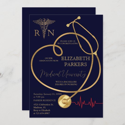 BSN RNネイビー金ゴールド看護卒業パーティー 招待状 (正面/裏面)