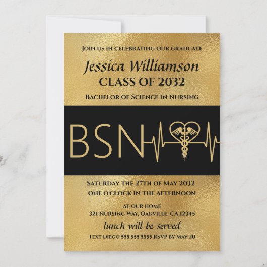 BSN RN 看護師卒業パーティー発表 金 招待状 (正面)
