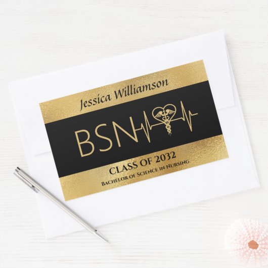 BSN RN LPNナース卒業パーティーエレガントブラック金ゴールド 長方形シール (封筒)