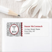 BSN RN LPN Damask Caduceus Black Burgundy ラベル (インサイチュ)