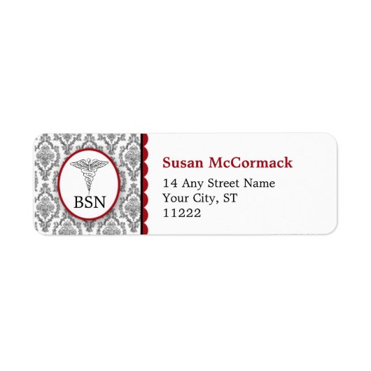 BSN RN LPN Damask Caduceus Black Burgundy ラベル (正面)