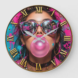 Bubble Gum Queen Luxury Fashion Woman Portrait ラージ壁時計