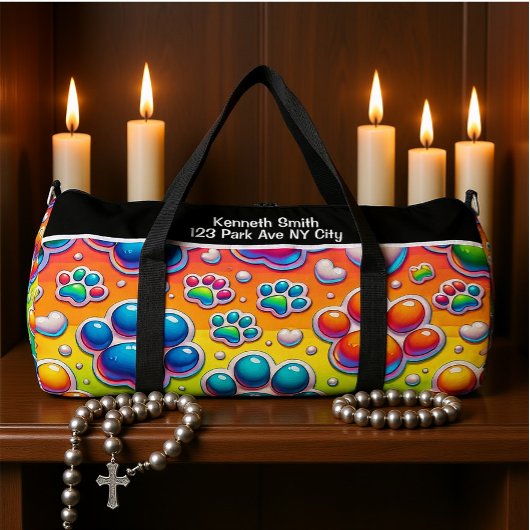 Bubble Paw Print Rainbow Travel Monogram Personal ダッフルバッグ