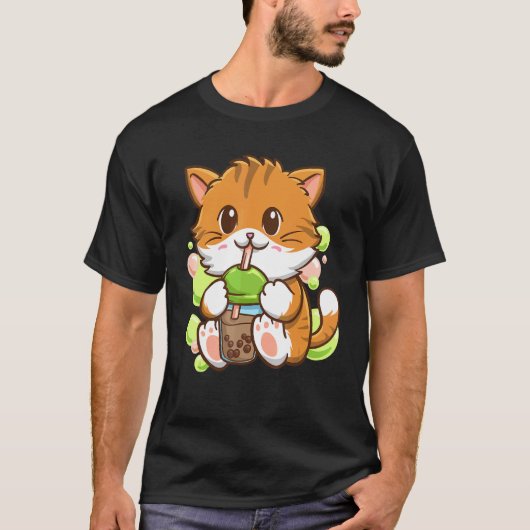 Bubble Tea Cat Boba Tea Drinker Tapioca Balls cat Tシャツ (正面)