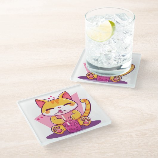 Bubble Tea Kitty ガラスコースター (アングル)