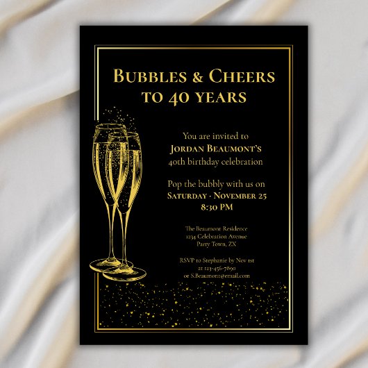 Bubbles and Cheers Black Gold 40th Birthday Party 招待状