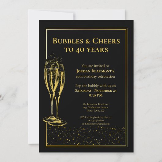Bubbles and Cheers Black Gold 40th Birthday Party 招待状 (正面)