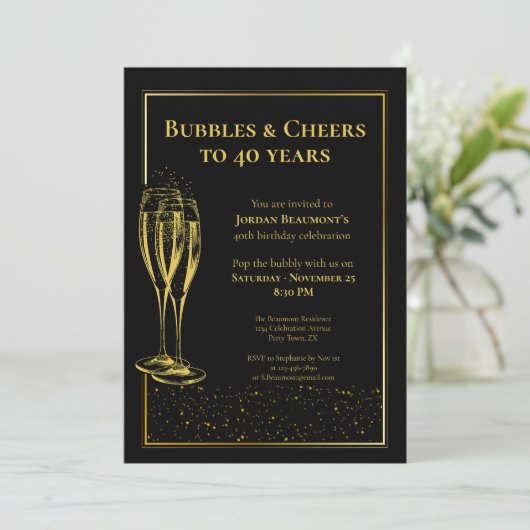 Bubbles and Cheers Black Gold 40th Birthday Party 招待状 (スタンド正面)