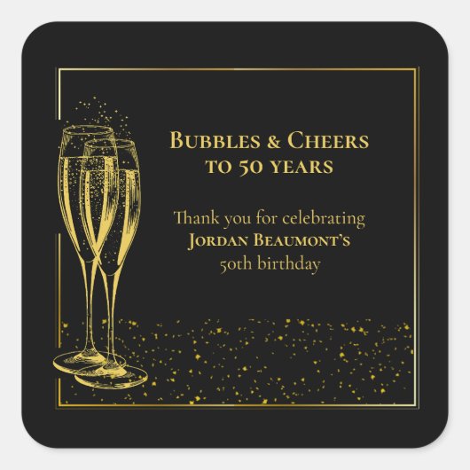Bubbles and Cheers Black Gold 50th Birthday Party スクエアシール (正面)