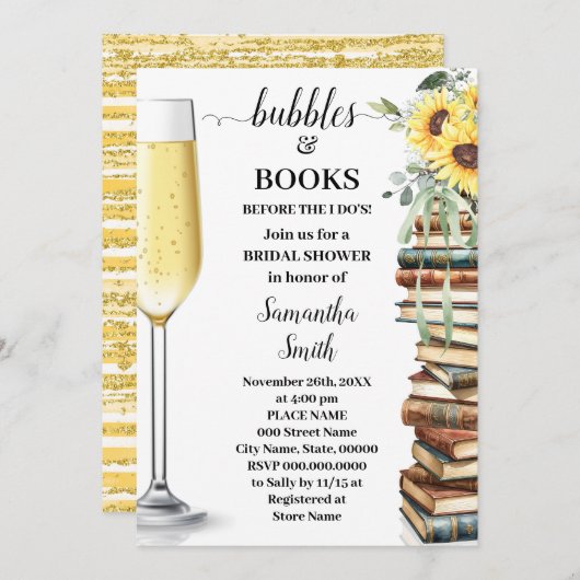 Bubbles & Book Before I do Sunflower Bridal Shower 招待状 (正面/裏面)