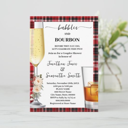 Bubbles & Bourbon Winter Buffalo Plaid Shower 招待状 (スタンド正面)