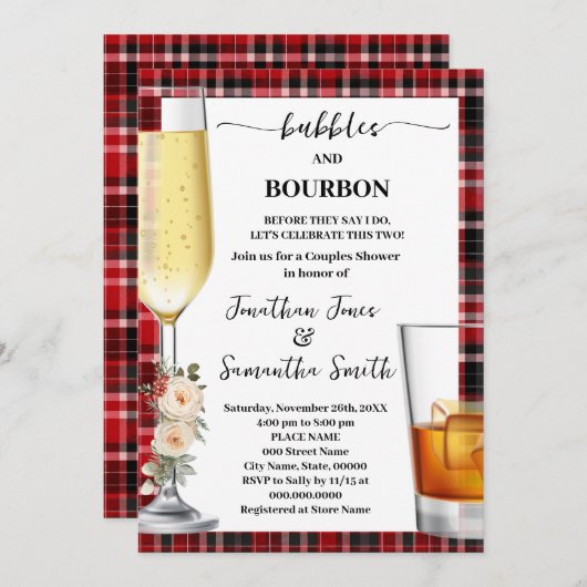 Bubbles & Bourbon Winter Buffalo Plaid Shower 招待状 (正面/裏面)