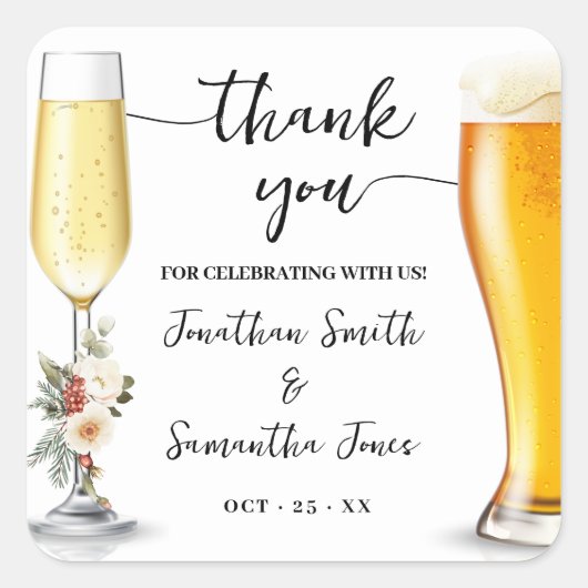Bubbles & Brews Thank You Winter Wedding スクエアシール (正面)