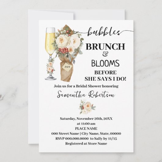 Bubbles Brunch & Bloom Bridal Shower Winter Floral 招待状 (正面)
