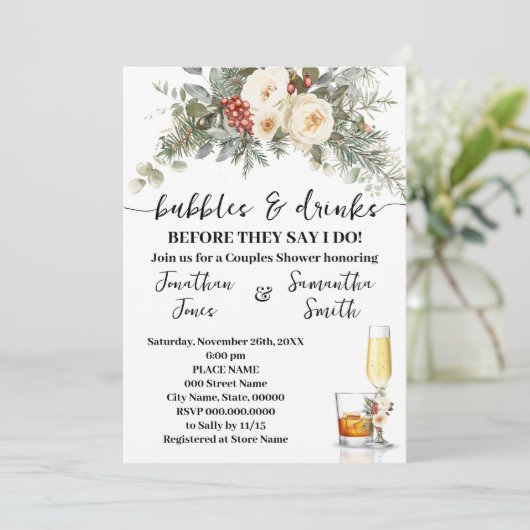 Bubbles & Drinks Bridal Shower Winter Floral 招待状 (スタンド正面)