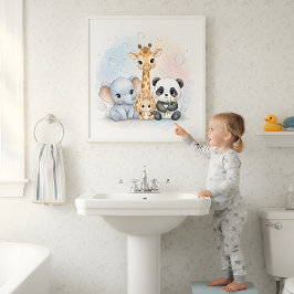 Bubbles & Smiles Animals Kids Bathroom Wall Art ポスター