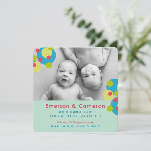 Bubbly Circlesベビーツインズ写真誕生のお知らせ 案内状 (スタンド正面)
