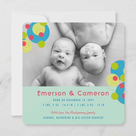 Bubbly Circlesベビーツインズ写真誕生のお知らせ 案内状 (正面)
