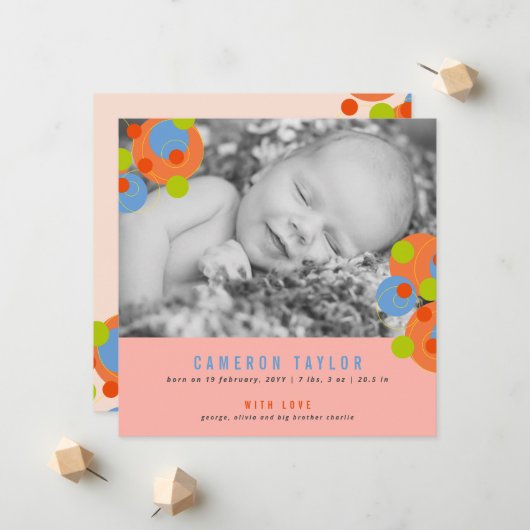 Bubbly Circles Baby Girl Photo Birth Announcement 案内状 (正面/裏面インサイチュ)