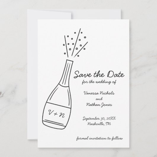Bubbly Popping Champagne Bottle Save the Date 招待状 (正面)
