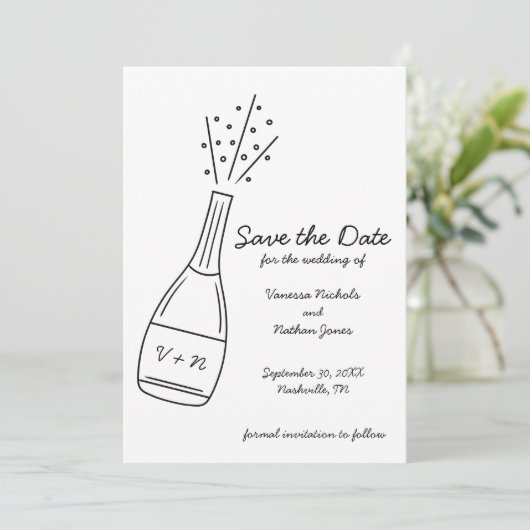 Bubbly Popping Champagne Bottle Save the Date 招待状 (スタンド正面)
