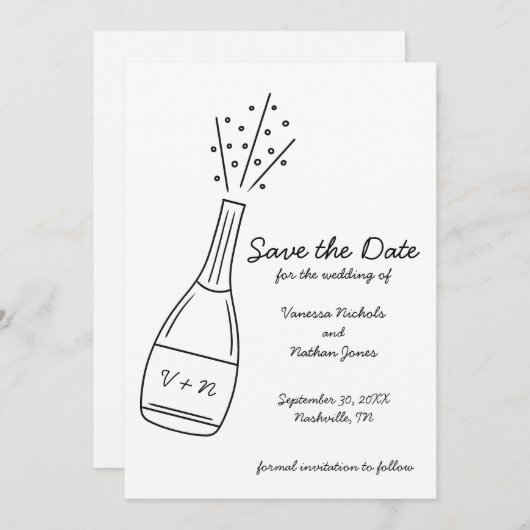 Bubbly Popping Champagne Bottle Save the Date 招待状 (正面/裏面)