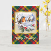 Buchanan Tartan w/Robin Personalized Xmas カード (黄色い花)