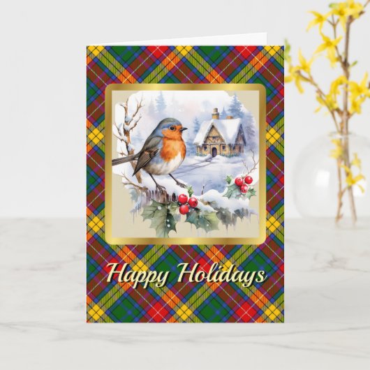 Buchanan Tartan w/Robin Personalized Xmas カード (黄色い花)
