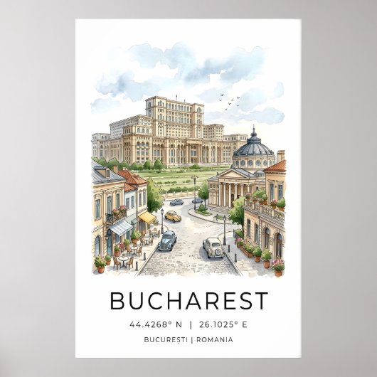 Bucharest Cityscape Art Print Hand-Drawn ポスター (正面)