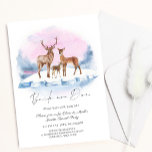 BuckまたはDoe Deer Christmas Winter Gender Reveal 招待状<br><div class="desc">冬をテーマにしたベビージェンダーがパーティの招待状を明らかにする。クリスマスの休日のデザインは、氷の上に子鹿が立ち、ピンクの水色の夕日の背景エレガントを持つ鹿一家を特徴としている。黒いタイポグラフィ文字読バックかdoeか？</div>