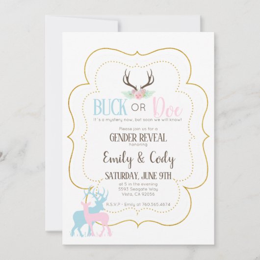 BuckまたはDoe Genderがパーティーの赤ちゃんシャワーを明らかにする 招待状 (正面)