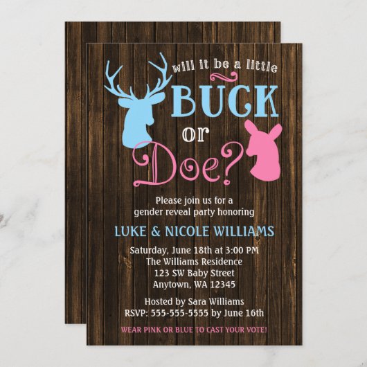 BuckまたはDoe Genderがパーティーの赤ちゃんシャワーを明らかにする 招待状 (正面/裏面)