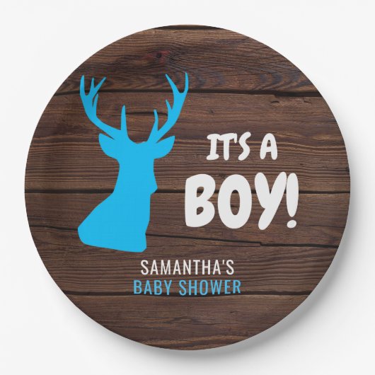 Buck 素朴 Deer Wood IT'S A BOY Baby Shower紙 ペーパープレート (正面)