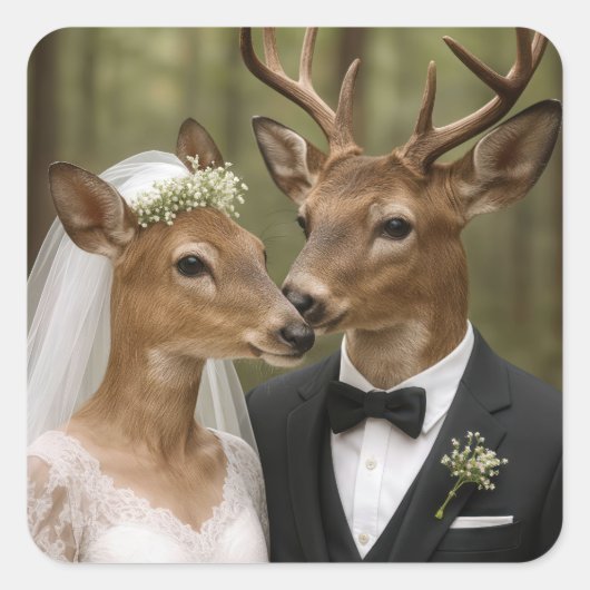 Buck and Doe Deer Wedding In Forest スクエアシール (正面)
