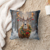 Buck In Snowflakes Wearing a Holiday Wreath クッション (ブランケット)