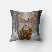 Buck In Snowflakes Wearing a Holiday Wreath クッション (裏面)